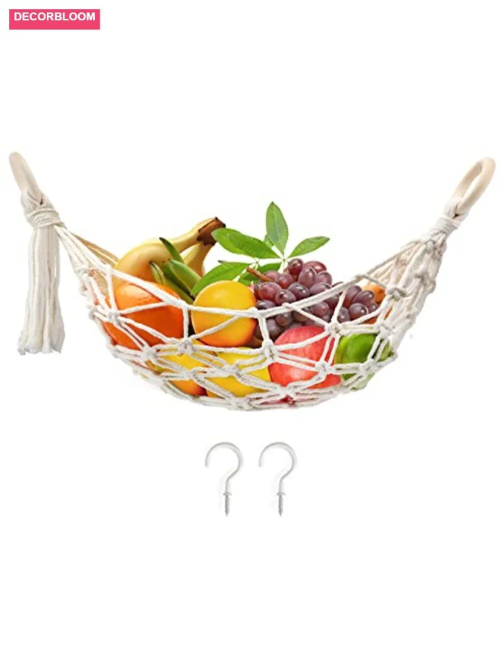 Hand-Woven Cotton Hanging Fruit Hammock with Hooks, Kitchen Storage Basket
